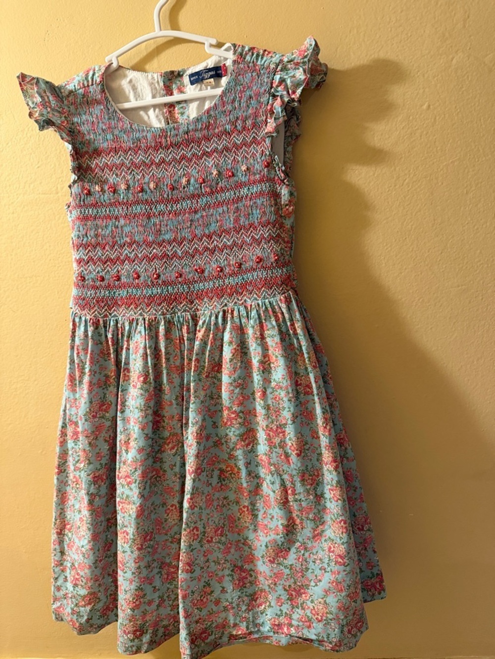 Tizzas Girls' Aqua and Pink Floral Smocked Casual Dress